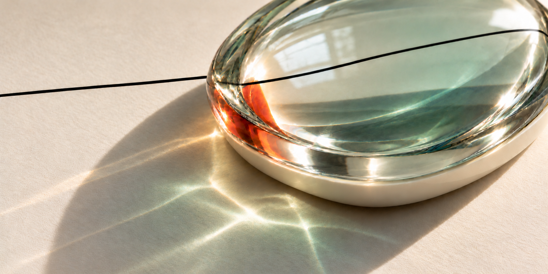 A close crop of the clear Pandemic Pills pill, with a black scoreline, seafoam light and vermilion reflections in its polished edge.